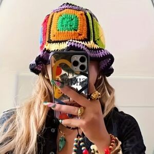 Crochet Hat Colorful Handmade Plaid Sun Hat